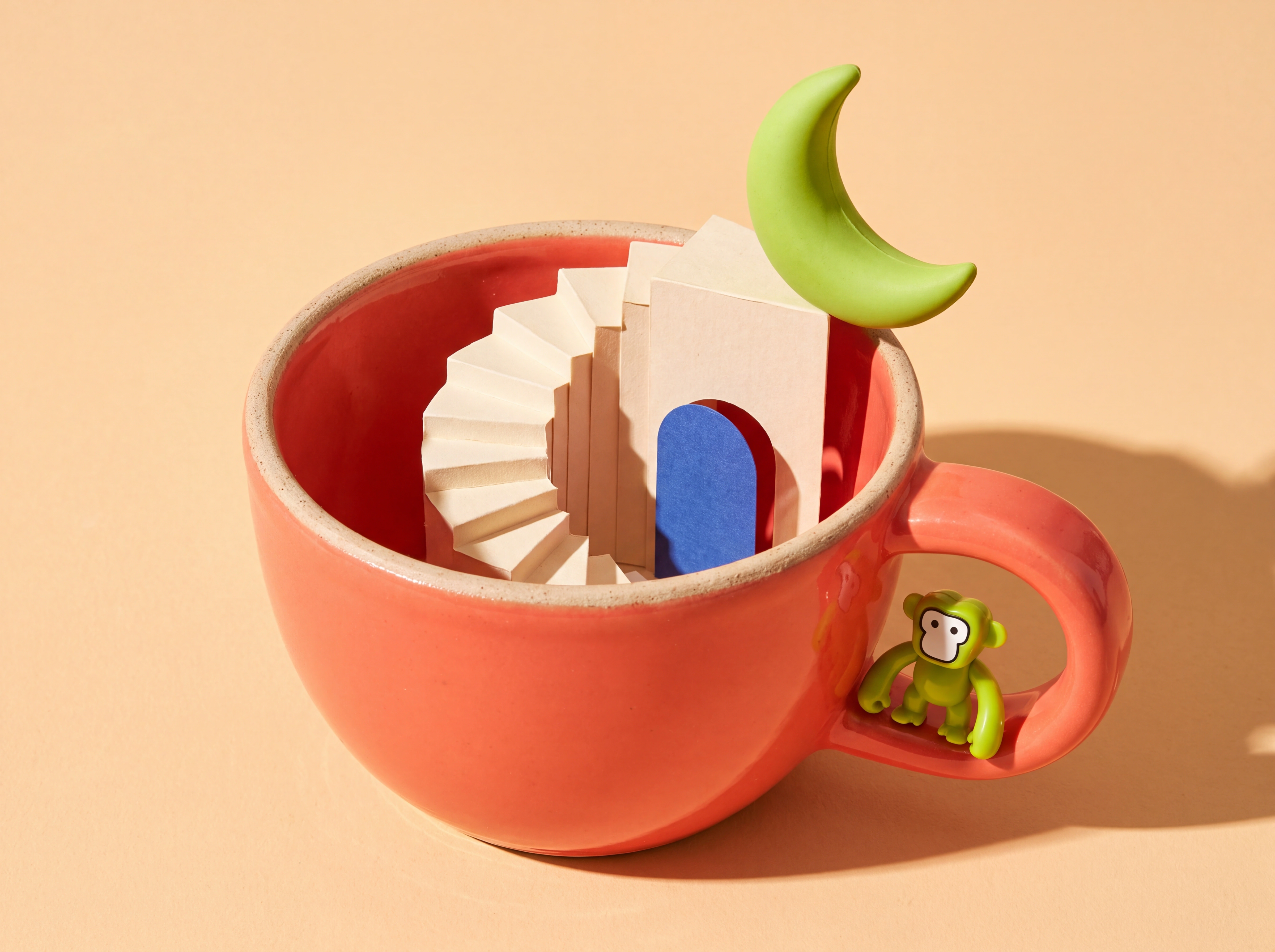 Una taza de cerámica coral contiene una pequeña escalera de papel y una puerta azul, observadas por un mono verde.