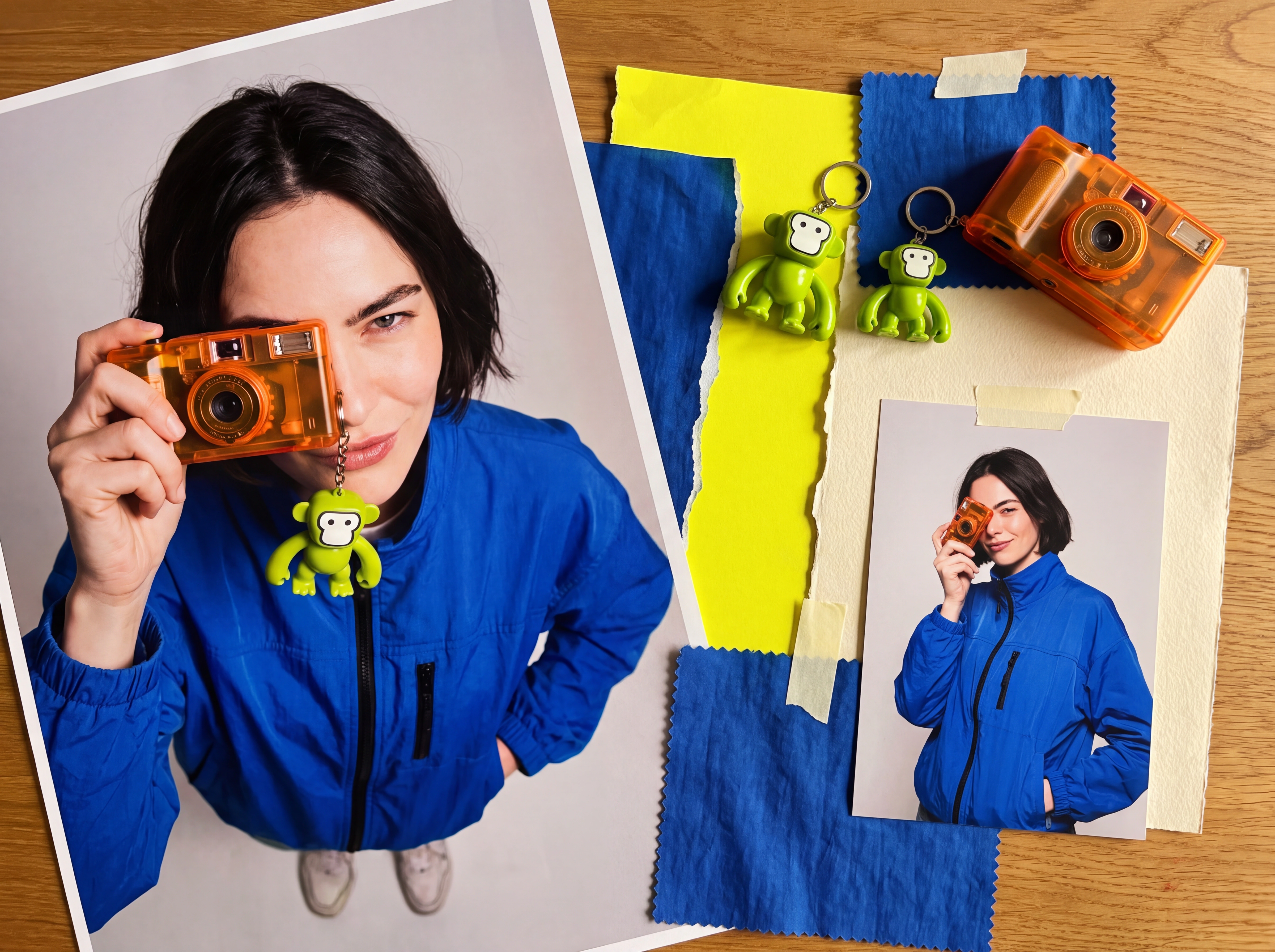 Un moodboard físico reúne una cámara naranja, tela cobalto, papel amarillo y fotos de una misma campaña de moda.