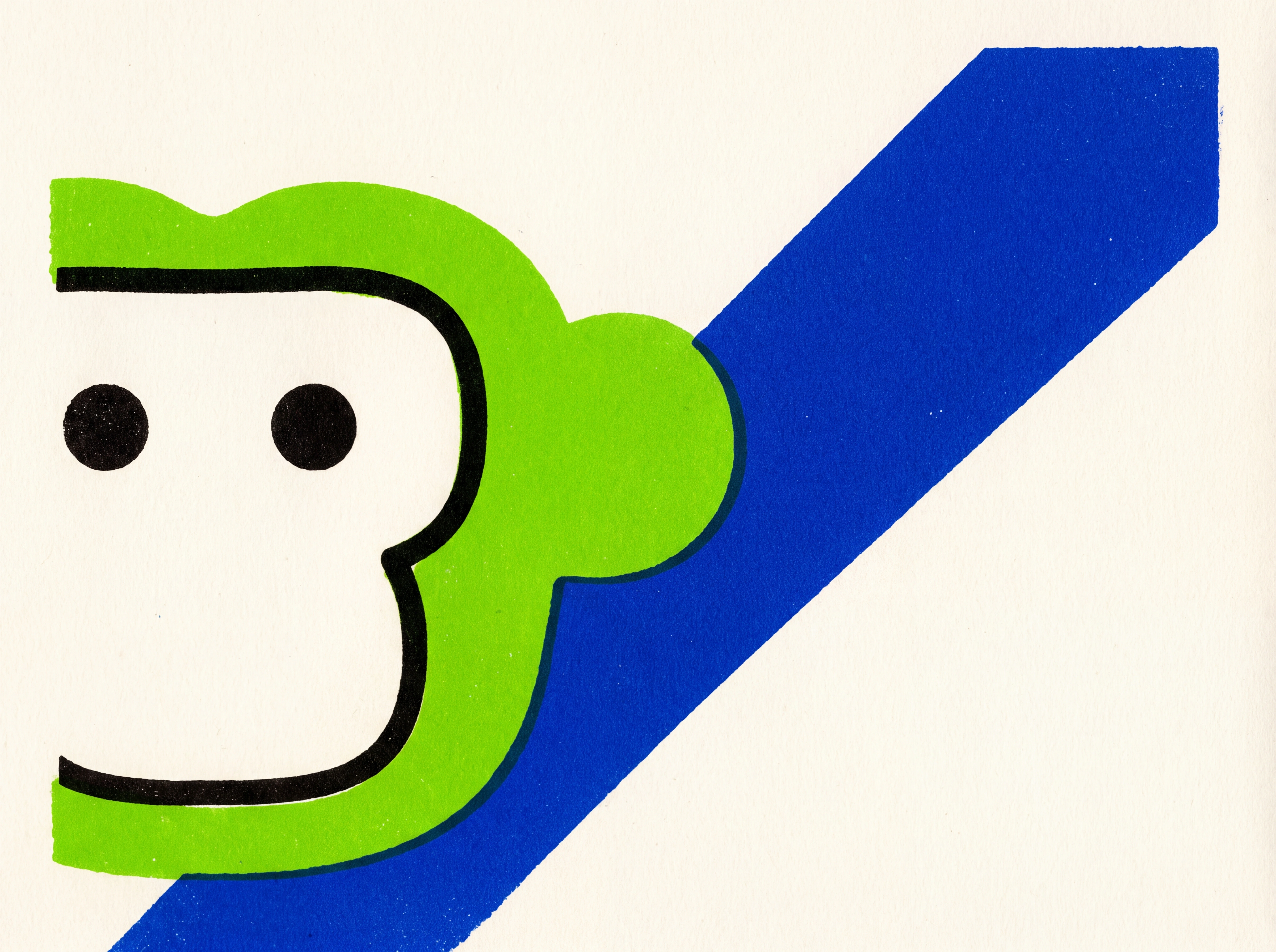 Un emblema plano del mono verde con formas serigrafiadas azules, negras y marfil.