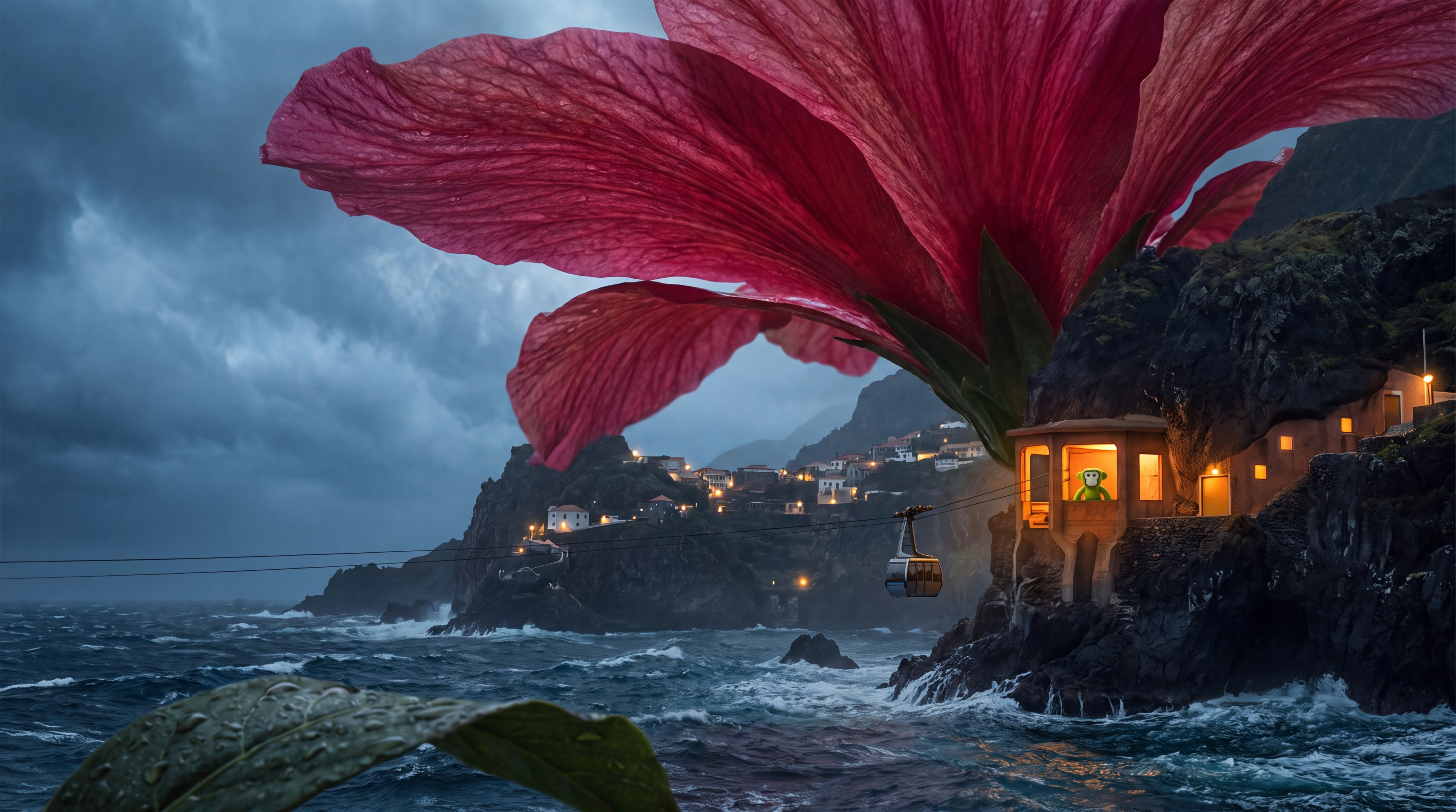 Una ciudad en un acantilado bajo una flor carmesí colosal sobre el mar, a la que llega un pequeño teleférico.